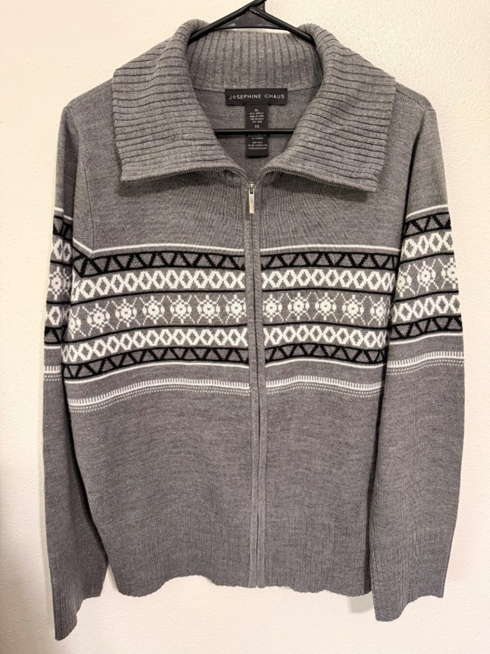 Josephine Chaus Full Zip Sweater Gray Fair Isle Womans XL